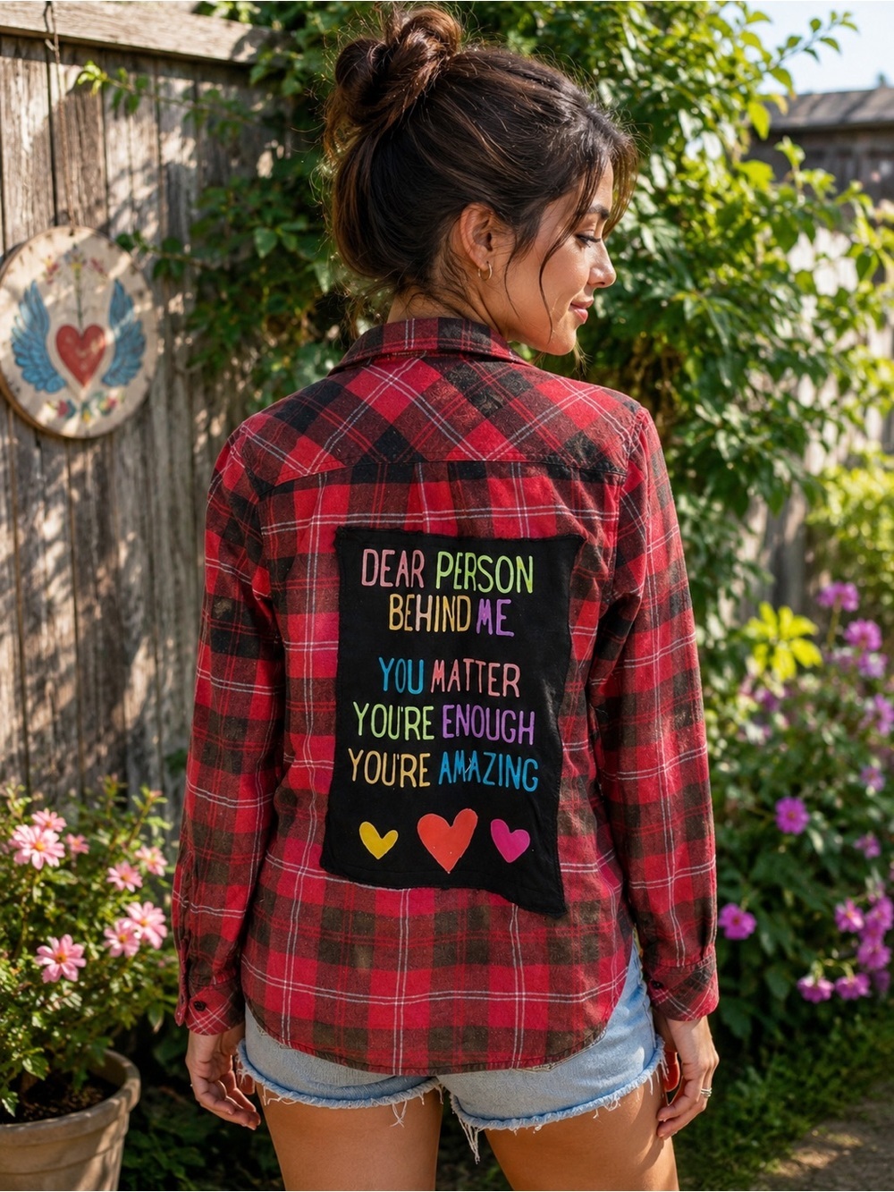 Inspirational Back Patch Red & Black Plaid Handcrafted Flannel W Size Small